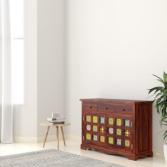 Amazon Brand - Solimo Wayfarer Solid Sheesham Wood Sideboard Tiles Honey Finish, 2 Doors
