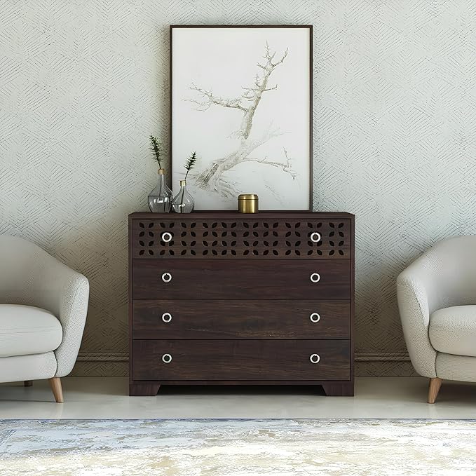 Amazon Brand - Solimo Solid Sheesham Wood Chest of Drawers for Storage| Wooden Kundal Sideboard Cabinet with 4 Drawers Dresser for Living Room, Drawing Room (Walnut Finish)