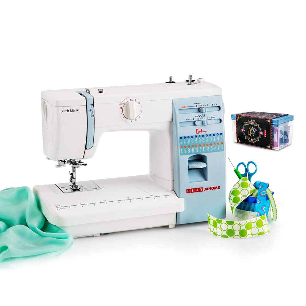 Usha Janome Dream Stitch Automatic Zig-Zag Electric Sewing Machine (White and Blue) 32.5 Quart