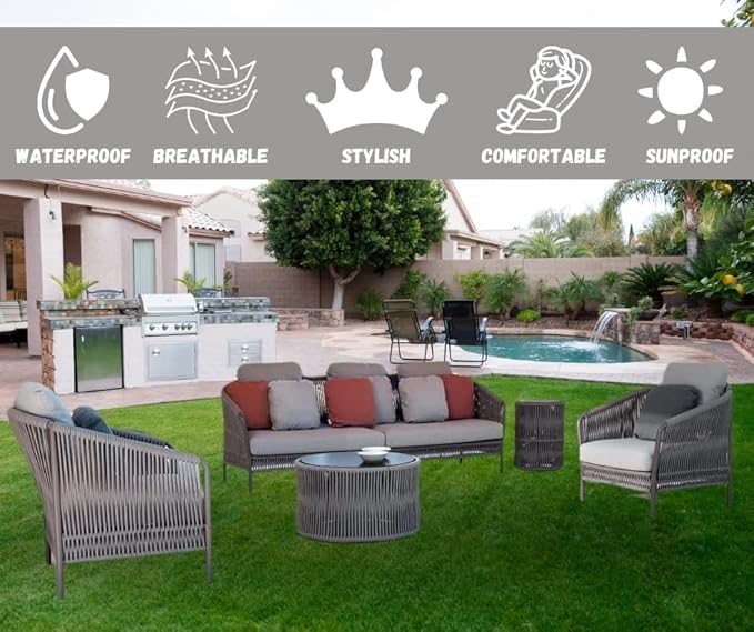 DEVOKO Outdoor 5 Seater Rope Patio Furniture Sofa Set with Center Table and Side Table for Balcony, Terrace, Garden, and Backyard, Poolside All-Weather Rope Conversation Set (Grey)