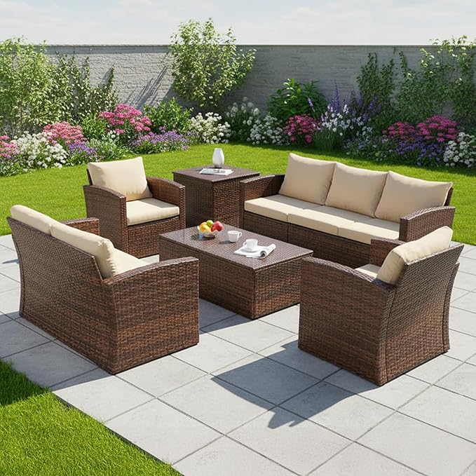 DEVOKO Outdoor 7 Seater Wicker Sectional Sofa Waterproof Outdoor Furniture with Cushions,Center Table and Side Table for Indoor and Outdoor (Dark Brown and Cream)