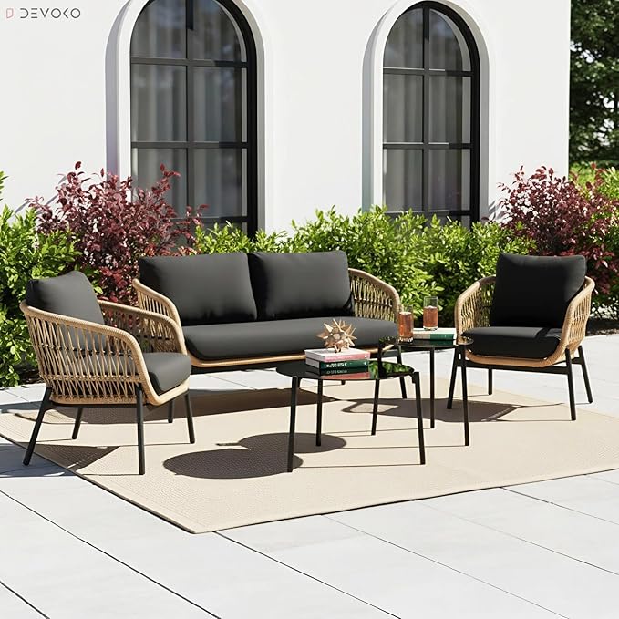 DEVOKO Outdoor 4 Seater Rope Sofa Conversation Set with Comfortable All Weather Water-Resistant Cushions and Glass Top Round Center Table for Garden,Patio,Poolside(Beige & Black)