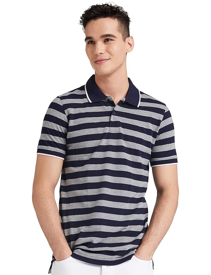 Amazon Brand - Symbol Men's Cotton Rich Striped Polo Tshirts | Collar Tshirts | Half Sleeves - Regular Fit (Available in Plus Sizes)