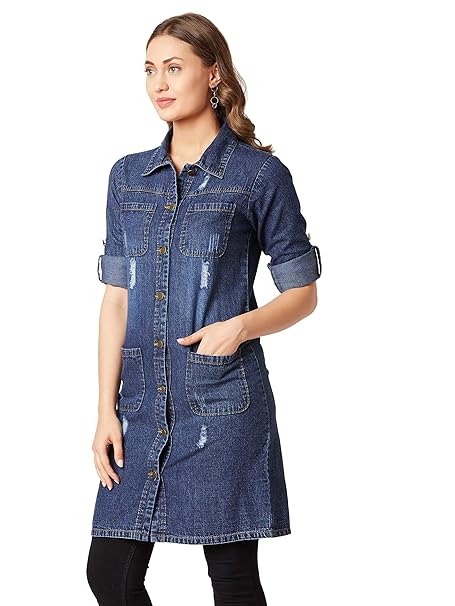 Miss Chase Women's Polycotton Women Collared Full Sleeves Patch Pocket Denim Knee-Length Standard Length Jacket