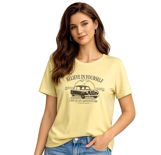 London Hills Women’s Loose Fit Graphic Printed T-Shirt | Soft Cotton Blend Fabric | Round Neck Half Sleeve Casual Top, Travel & College