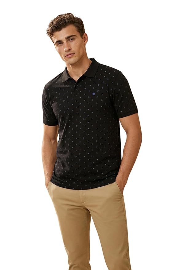 Louis Philippe Men's Regular Fit Light Weight & Breathable Classic Sophisticated Texture Print Half Sleeve Polo Tshirt