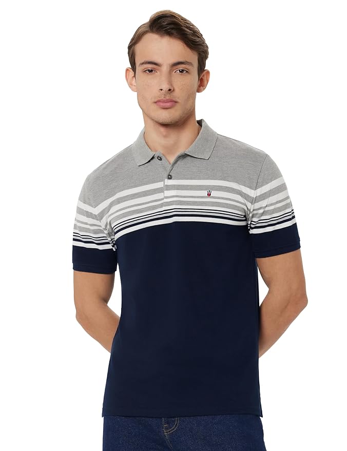 Louis Philippe Men's Slim Fit Striper Design Aesthetic Solid Pique Half Sleeve Polo Tshirt with Stretch