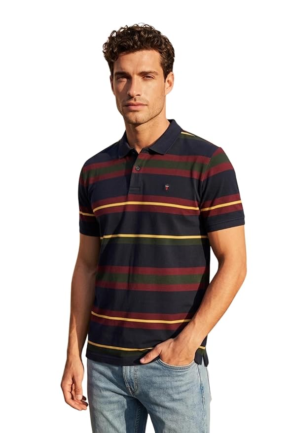 Louis Philippe Men's Slim Fit Striper Design Aesthetic Solid Pique Half Sleeve Polo Tshirt with Stretch