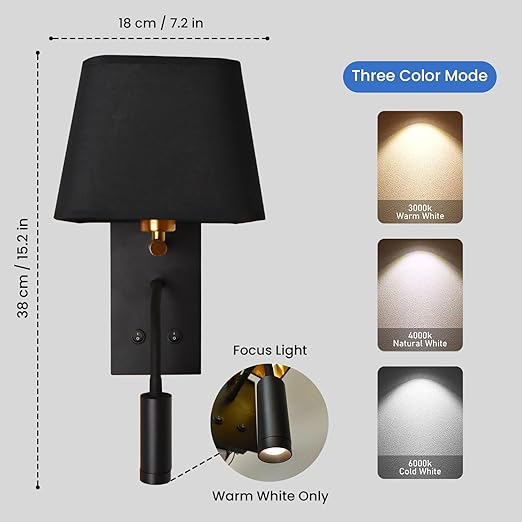 Smartway® Elvora 6 Watt Modern Wall Mounted Bedside Lamp with Reading Light | Fabric Shade LED Wall Lamp with 3 Color Modes | Decorative Wall Light for Bedroom, Living Room & Hotel | 1-Year Warranty