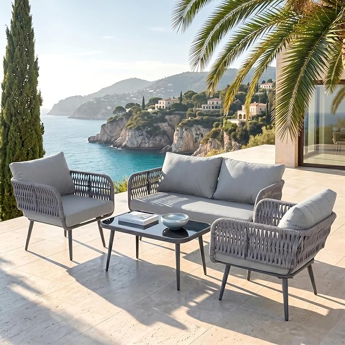 Amazon Brand - Solimo Kaya Braid & Rope Garden Seater Sofa Set with Cushions and Center Table | Patio Conversation Furniture | Ideal for Outdoor, Balcony, Living Area (4 Seater - Grey)