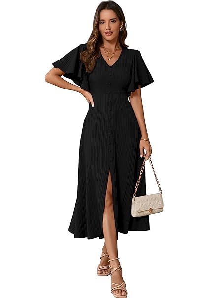 Shasmi Girl's & Women's Pleated Midi Dress with Flutter Sleeves | V-Neck Western Dress for Women | Elegant A-Line Summer Outfit | Office & Casual Wear (Dress 244)