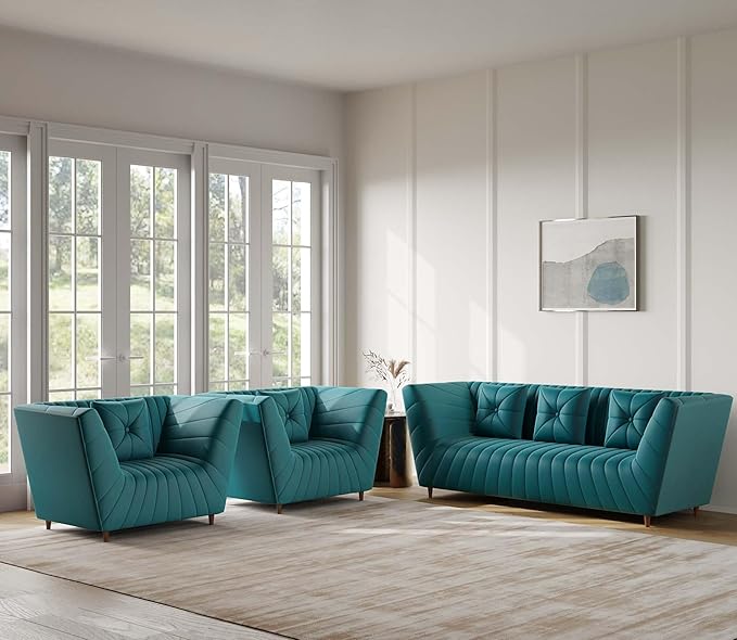 Amazon Brand - Solimo Corell Tufted Velvet Fabric 3+1+1 Seater Sofa for Living Room Furniture (Teal)|3 Year Warranty