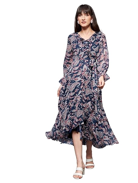 Miss Chase Women’s Bohemian Ruffled Tie-Up Midi Chiffon Dress