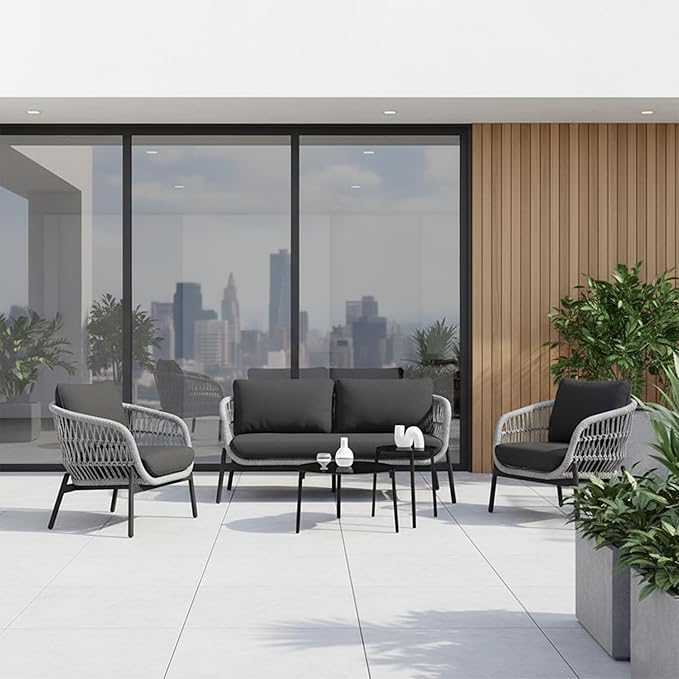 Amazon Brand - Solimo Braid and Rope 4 Seater Patio Sofa Set with Cushions and Table | Patio Conversation Furniture | Ideal for Outdoor, Garden, Balcony, Living Area (Grey-Biege)