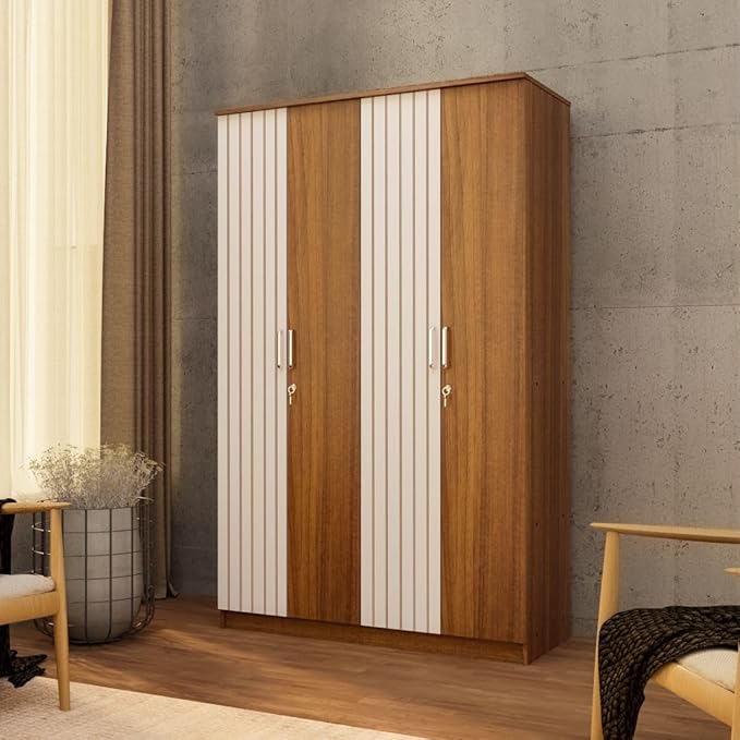 Amazon Brand - Solimo Tetra Engineered Wood 4-Door Wardrobe (Leon Teak Fluted, 4 Door)