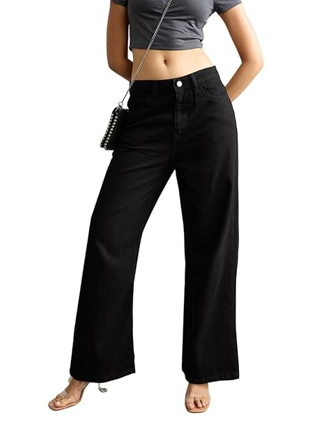 Visit the KOTTY Store KOTTY Women’s High Waist Wide Leg Flared Jeans with Trendy Fit and Clean Look | Comfortable & Stylish Denim for Women