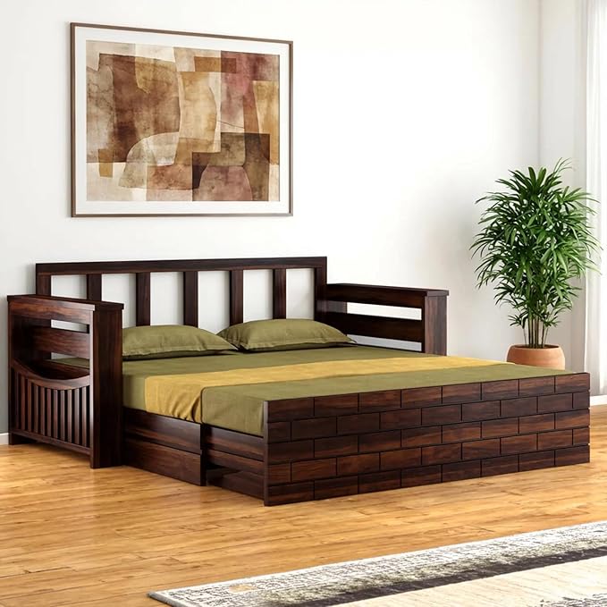 Amazon Brand - Solimo Sheesham Wood Italian 3 Seater Sofa Cum Bed with Drawer and Side Pocket Storage | Wooden Bed with Cushion | Multipurpose Sofa Furniture for Home & Living Room (Walnut Finish)