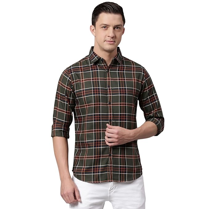 Dennis Lingo Men's Checkered Slim Fit Casual Shirt with Curved Hemilne & Spread Collar