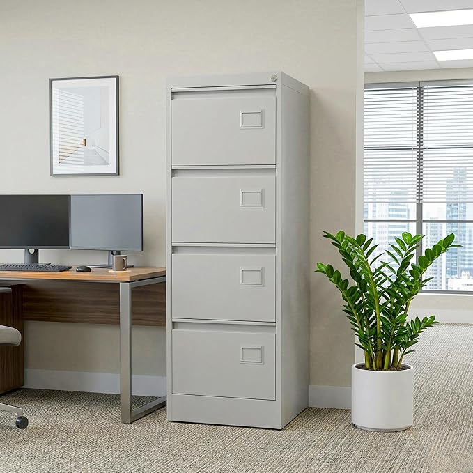 Amazon Brand - Solimo Steel Filing Cabinet 4 Drawer | Lockable Metal File Cabinet for Legal Size Files & Documents | Powder Coated Steel Storage Cabinet with Telescopic Channels | (Grey)