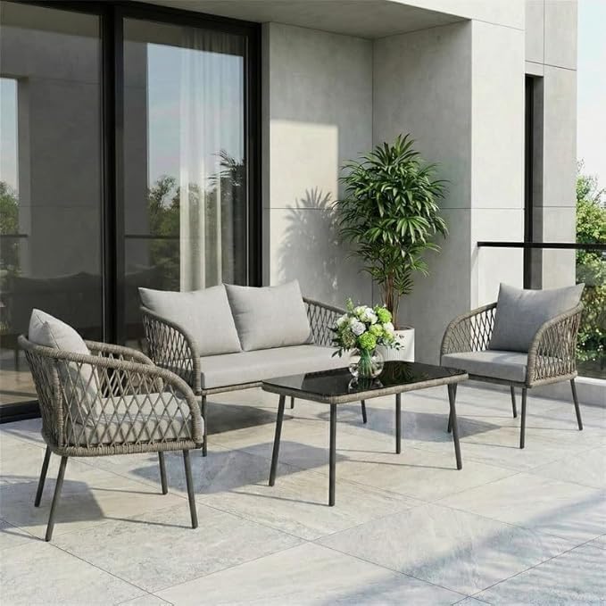 Amazon Brand - Solimo Braid Kale Rope & Metal Frame Outdoor 4-Seater Sofa Set with Tempered Glass Top Center Table, Water-Repellent Cushions & Handwoven Design for Garden, Patio and Balcony (Grey)