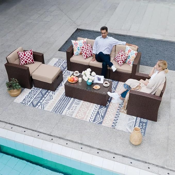 DEVOKO Outdoor Wicker Waterproof Outdoor Sectional Sofa with Washable Soft Cushion, Scratch-Proof Patio Set for Outdoor Garden, Balcony, Backyard (Dark Brown & Cream)