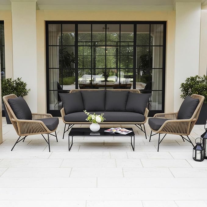 DEVOKO 4-Piece Outdoor Rope Patio Conversation Loveseat Furniture with Cushions for Gardan Livinging Room Lawn (Beige and Black)
