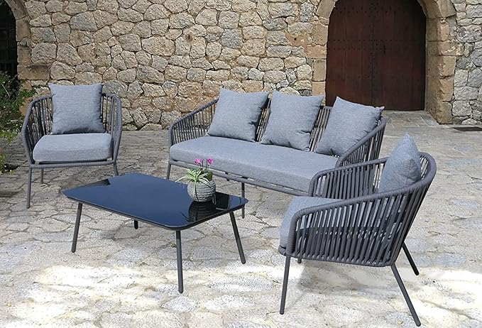 DEVOKO 5 Seater Sofa Outdoor Indoor Conversation Patio Garden Rope Furniture Set with Cushion and Center Table for Garden/Balcony/Poolside.(Grey Color)