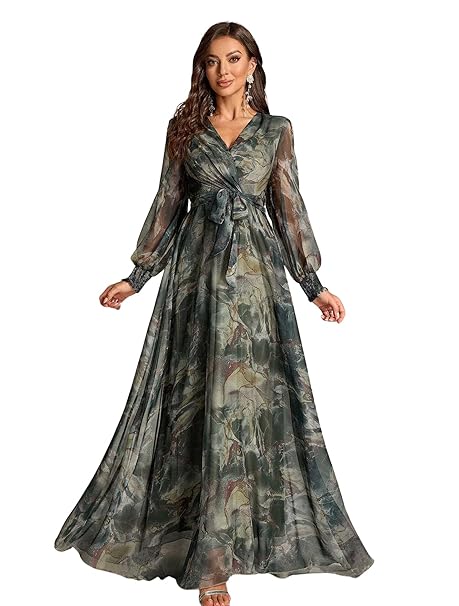 LITZO Dress for Women || Women’s Printed Wrap Maxi Gown || V‑Neck Long Sleeve Belted Flowy Dress for Parties, Weddings & Evening Events || Lightweight Sheer Layer Western Outfit (T-L-14-16)