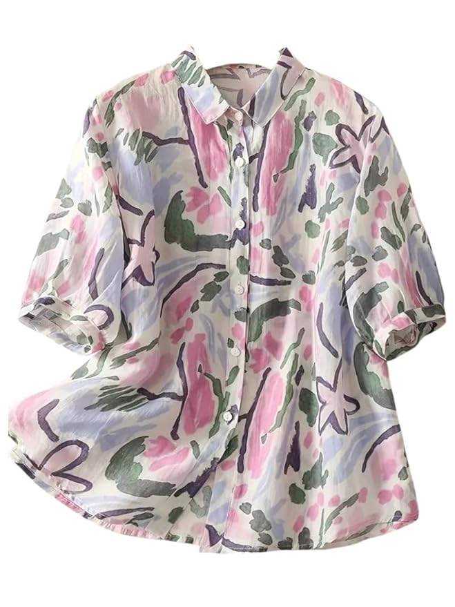 Gufrina Women’s Casual Button-Down Shirt with Multicolor Floral Print & Half Sleeves, Collar Neck