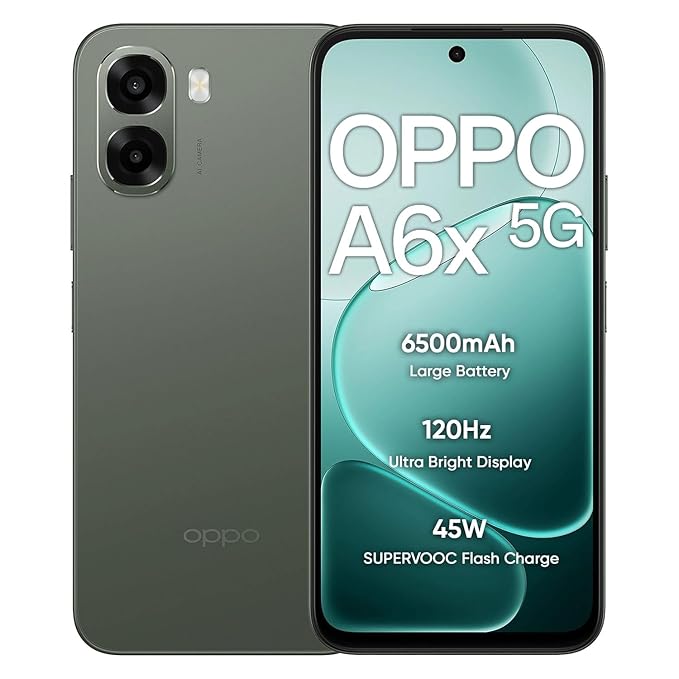 OPPO A6x 5G (Olive Green, 4GB RAM, 64GB Storage) | Dimensity 6300 | 6.7-inch HD+ 120Hz Display | 13MP Main Camera | 6500mAh Battery | 45W SUPERVOOCTM Fast Charge | Side & Face Unlock