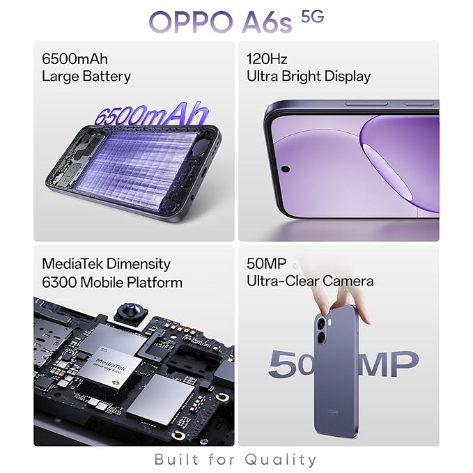 OPPO A6s 5G Smartphone 6+128GB Purple, 6.7-inch HD+ 120Hz Bright Display, 6500mAh Large Battery, 5MP Front Camera & 50MP Camera, MediaTek Dimensity 6300 Mobile Platform, IP64