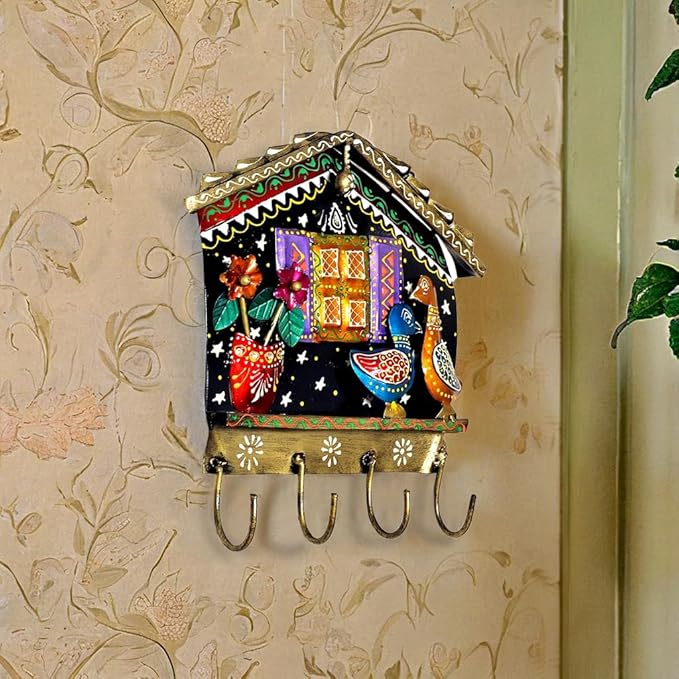 Amazon Brand – Umi I Key Holder- CUM- wall decor I Hallway key hooks with handmade desgin I Material - Iron, Color - Black.