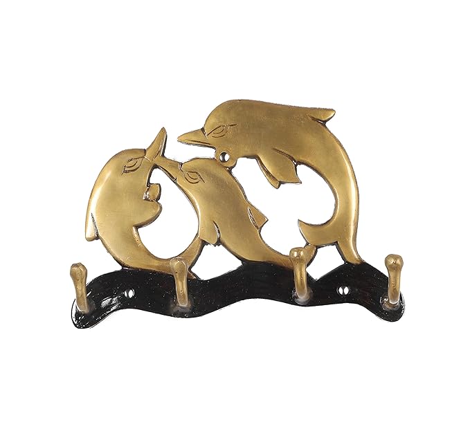 Amazon Brand - Umi Brass Dolphin Family Design Key Holder of 4 Hooks - Brass Functional and Stylish Key Organizer