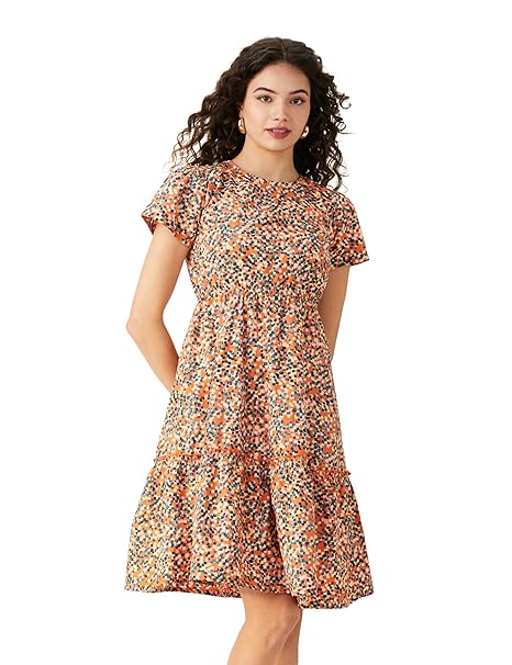 Amazon Brand - Symbol Women Rayon Fit and Flare One Piece Knee Length Tiered Dress (Available in Plus Sizes)