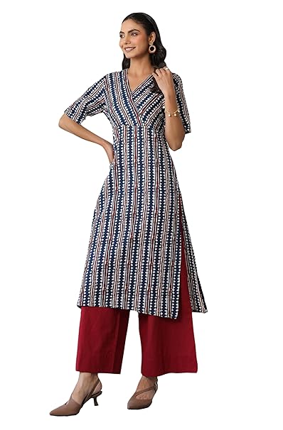 Janasya Women's Navy Blue Pure Cotton Geometric Straight Kurta