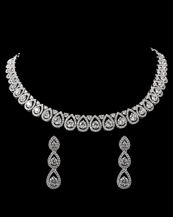 Clara 925 Sterling Silver Classic Necklace Jewellery Set With Earrings | Rhodium Plated, Swiss Zirconia stone | Gift for Women and Girls