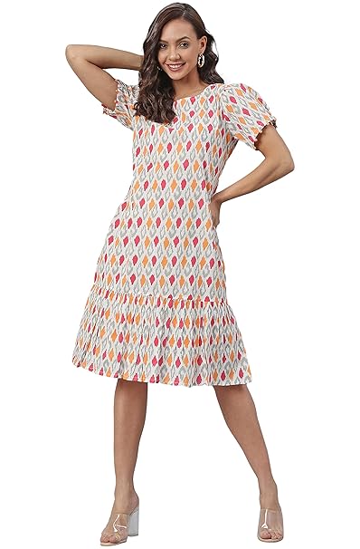Janasya Women's Cotton Printed A-line Western Dress