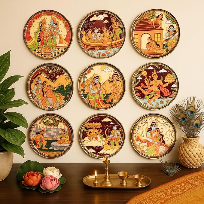 Ritualistic Ramayana Wall Plates Set of 9 | 10" Each | Complete Epic Journey from Ayodhya to Lanka | Metal Pattachitra Wall Sculpture | Ram Darbar,Sita Haran,Hanuman | Living Room Spiritual Décor Gift