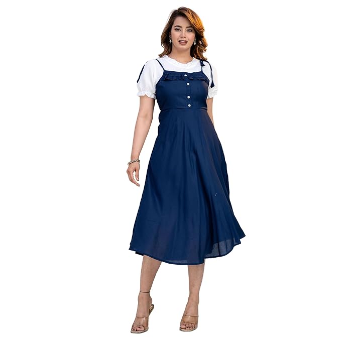 Women's Dungaree Dress Whitetop Dress for Girl Classic Rayon Dungaree Dress Women Casual Solid Shoulder Dungaree Dress