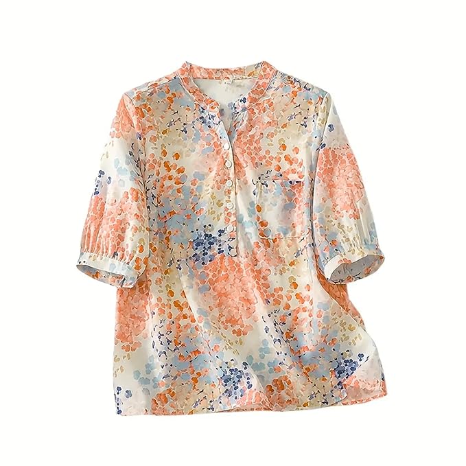 Gufrina Women's Blush Pink Abstract Printed Western Top with Mandarin Collar, Half Button Placket and Relaxed Fit Sleeves