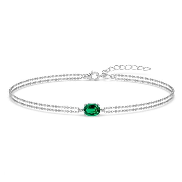 Clara 925 Sterling Silver Green Solitaire Double Chain Bracelet | Adjustable, Platinum Plated, Swiss Zirconia | Gift for Women and Girls