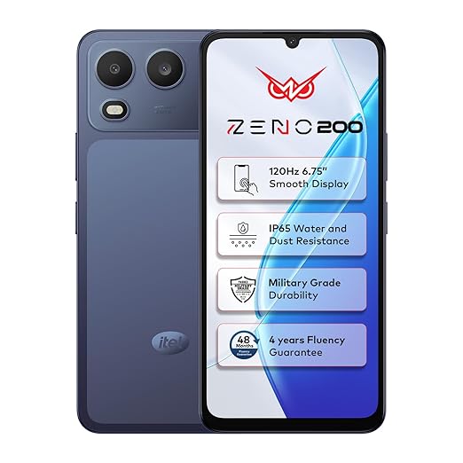 Itel Zeno 200 (Nightly Blue, 4 GB RAM, 128 GB Storage) | 6.75" HD+ Display | 120 Hz Refresh Rate | IP65 Dust & Water Resistance | 13 MP Camera | 5000 mAh Battery | Charger in Box