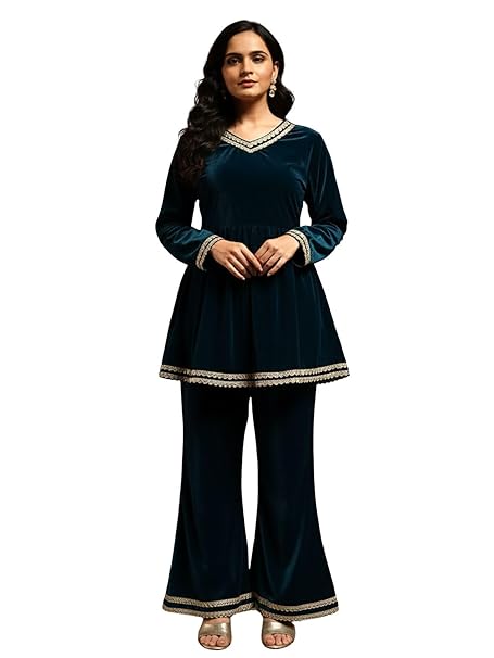 Leriya Fashion Velvet Kurti Set for Woman | Short Kurti for Women Latest | Co ord Set for Women Stylish Party Suit | Ethnic Office Everyday Wear & Casual Look | A Line Kurta Set for Woman