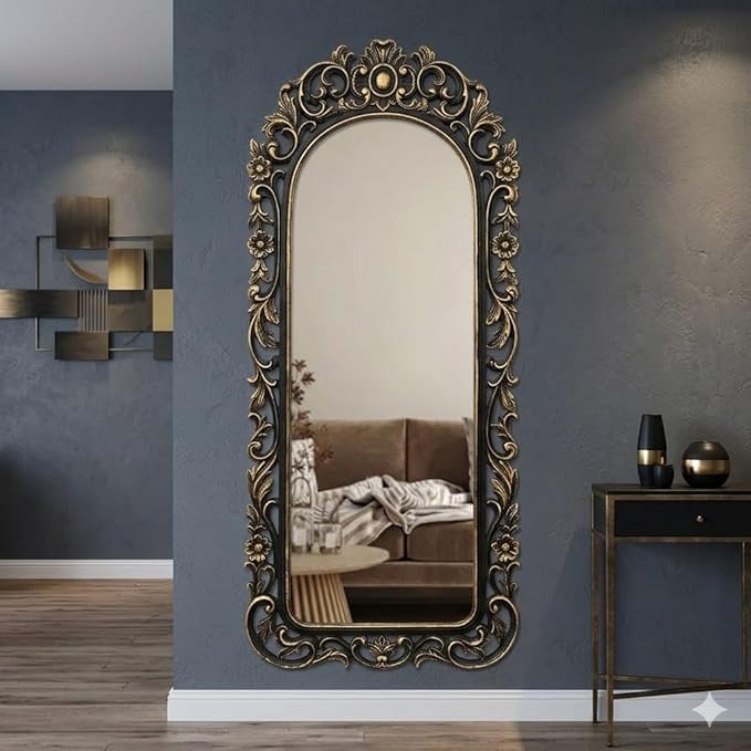 Carved Wooden Wall Mirror Frame, Antique Gold Finish, Rectangular, Traditional Style, Large, for Living Room and Bedroom Decor (Black Gold)