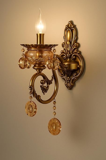 Italian Wall Lamp, Antique Gold Finish, Single Light Wall Lamp with Decorative Crystals with Filament Bulb (Warm White) (Corded Electric, Glass)