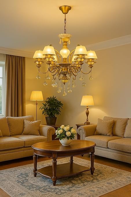 Italian Chandelier Lamp, Antique Gold Finish, 6-Light Hanging Light with Six Big Head Decorative Crystals with Filament Bulb (Multicolor, 6 * 5W)(Corded Electric, Glass)