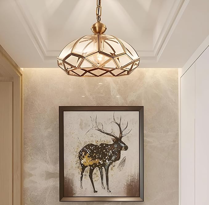 Luxury European Style Geometric Dome Pendant Light, Glass and Brass Hanging Lamp, Modern Ceiling Light Fixture for Living Room, Bedroom, Passage, Hall, Balcony, Bar, Home with Filament Bulb