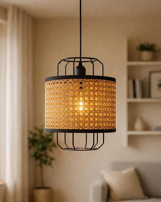 Homesake® Handcrafted Pendant Light - Modern Boho Hanging Lamp with Woven Rattan Cage Design, Livra Collection, Decorative Ceiling Light Fixture for Living Room, Bedroom, Dining Room (10")(Black)