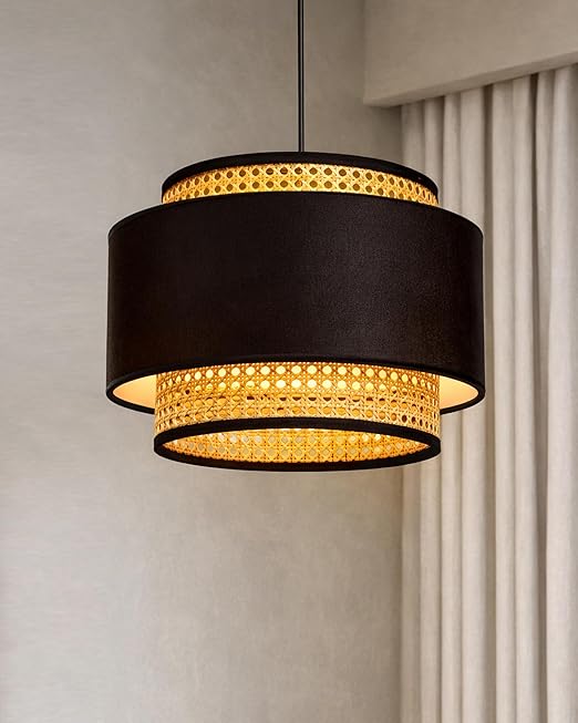 Homesake® Bamboo Hanging Cane Fabric lamp for Home Decoration Rattan Webbing Pendant lamp, Ceiling Light for Home, Natural, Livra Collection, Kitchen, Living Room, Hallway, (Black)