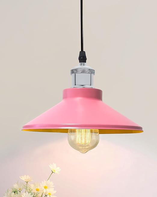 Homesake® Vintage Industrial Pendant Light - Pink Metal Shade, Edison Bulb, Retro Hanging Lamp for Kitchen, Dining Room, Living Room, Home Decor, Ceiling Light, Industrial Style, Metal Hanging Light